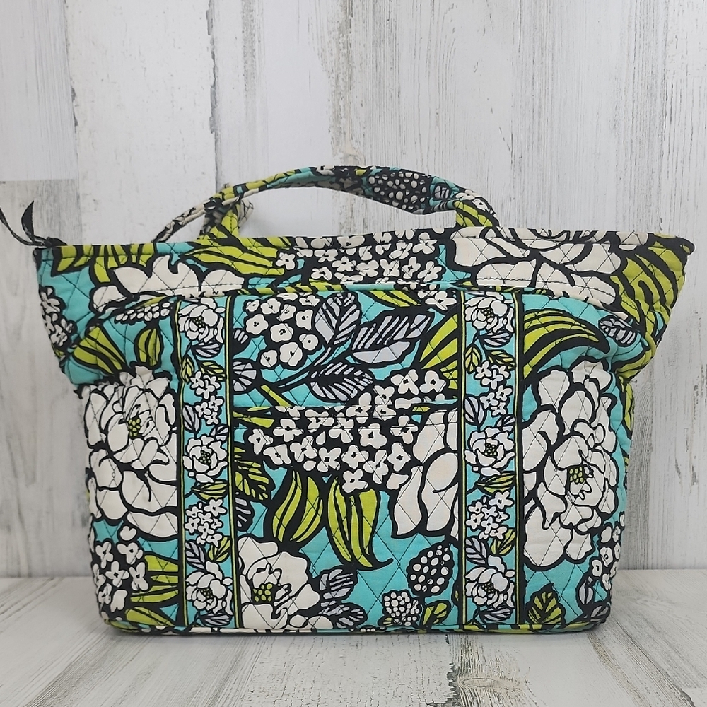 Vera Bradley Island Blooms Blue Green Large Shoulder Bag Purse Zip Close FLAW